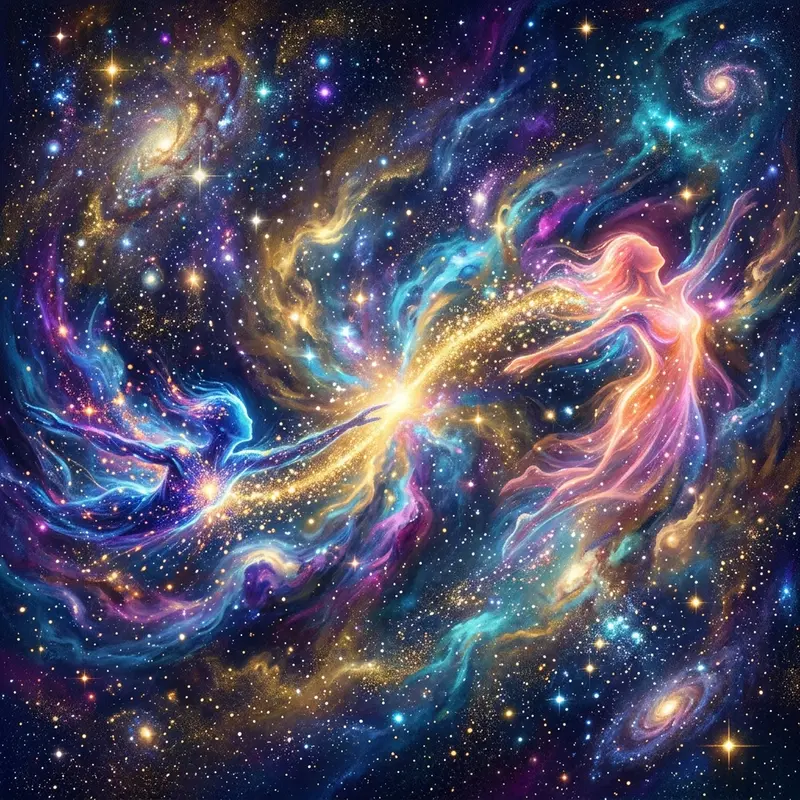 Representação artística e mística de duas almas se conectando através de poeira cósmica no universo