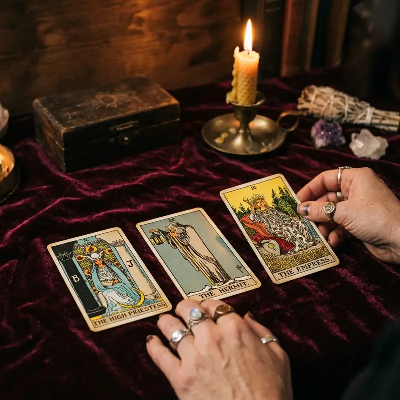 Mão dispondo três cartas de tarot sobre uma mesa de veludo bordô em ambiente místico iluminado por velas