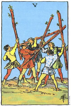 Significado da carta Cinco de Paus - Tarot Grátis no Tarot Center Carta Cinco de Paus no Tarot Center - Tarot Grátis